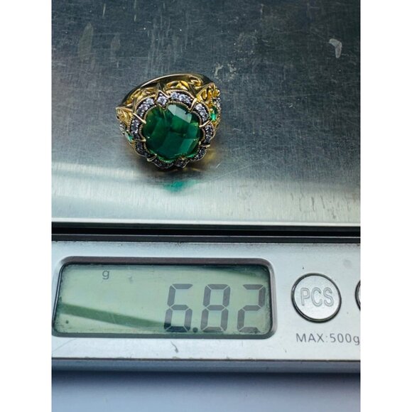 Estate Gold Over Sterling Silver Emerald & CZ Statement Ring, Size 6, 6.82g, Fil - Picture 10 of 10